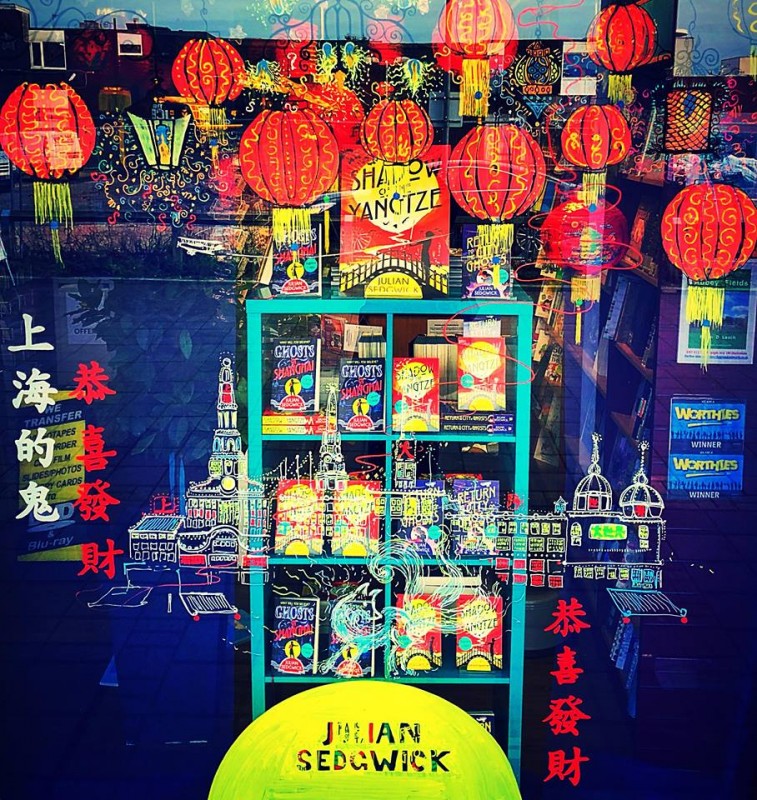 Window display for author Julian Sedgwick and publisher Orion - our window displays bring people in!